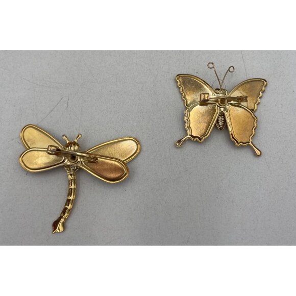 Vintage Dragonfly & Butterfly Enamel Brooch Set Vibrant Gold Tone Insect Pins - Picture 2 of 4